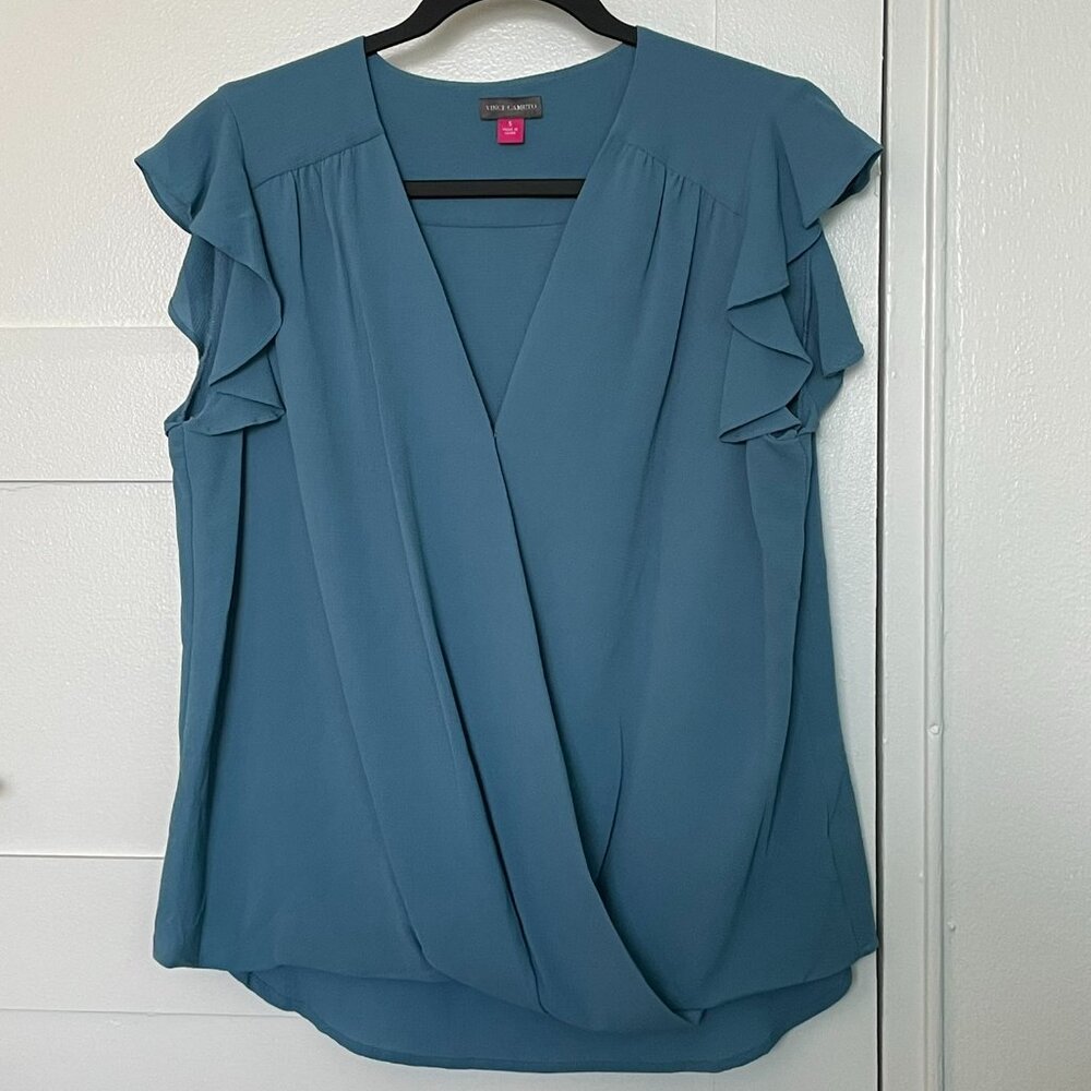 Vince Camuto Blue Surplice Wrap-Front Ruffle Sleeve Blouse Top Size S